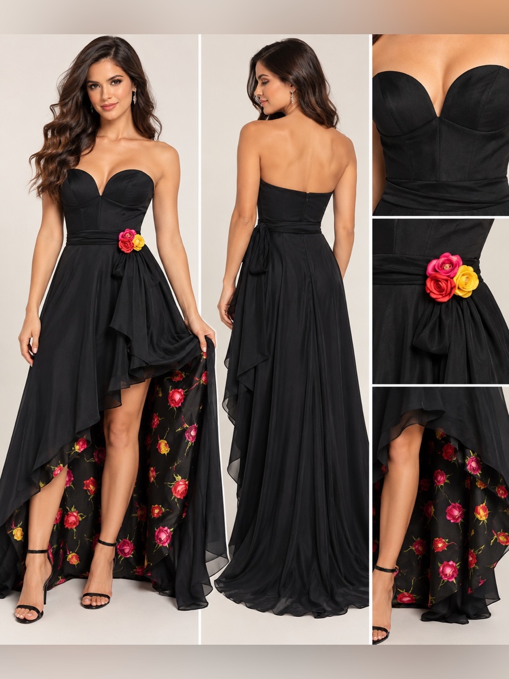 Sherri Hill Black Floral High Low Strapless Formal Gown Dress Size 10